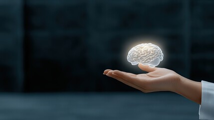 A hand delicately grips a brain, illuminated by a bright blue glow amidst a digital landscape showcasing an advanced AI supercomputer