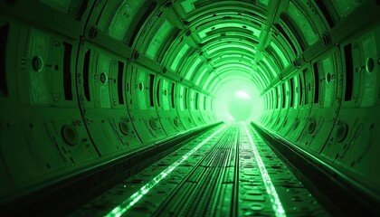 Green neon tunnel pathway extends toward bright light. Futuristic abstract journey, sci-fi transport system or cyberspace passage, conceptual motion and progress. Deep space exploration.