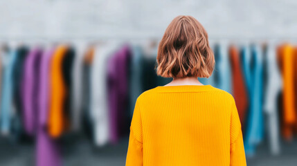 Woman browsing clothing rack, choosing colorful garments for new fashion style. Shopping for apparel or exploring a boutique