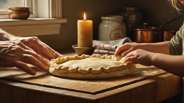 Hands Working Pie Crust Kitchen Baking Homemade Dessert Candlelight Traditional Family Activity Cozy Atmosphere Rustic Table