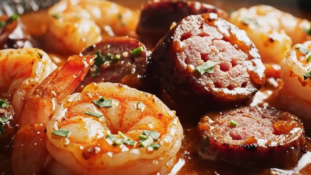 Closeup of savory shrimp and sliced sausage simmering in rich sauce