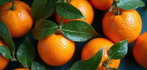 Orange fruits with green leaves and water drops. Fresh mandarins are ripe and juicy, ready for harvest. Sweet citrus provides healthy vitamins for diet.