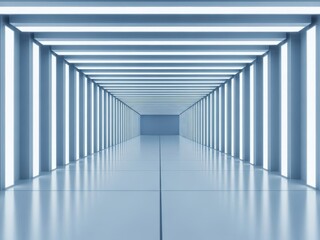 Obraz premium Futuristic empty corridor with bright blue neon light illumination creating a long perspective tunnel effect in a modern building