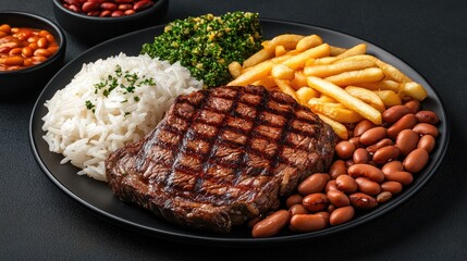 Savor a vibrant plate featuring perfectly grilled steak alongside fluffy rice, savory beans, and crispy fries, embodying Brazilian cuisine
