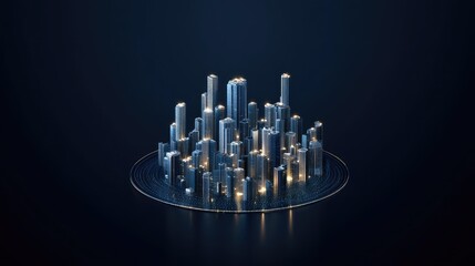 A vibrant digital cityscape showcases glowing skyscrapers and lights in a harmonious blend of blue hues, creating a futuristic urban atmosphere