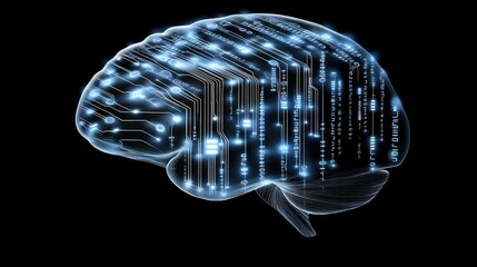 illustration showcases a glowing brain constructed from digital connections, set on a dark blue background filled with binary code