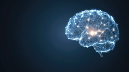illustration showcases a glowing brain constructed from digital connections, set on a dark blue background filled with binary code