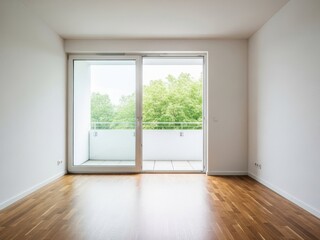Obraz premium Empty room with white wall and wooden floor leading to a balcony with a view of lush green trees outside on a bright day