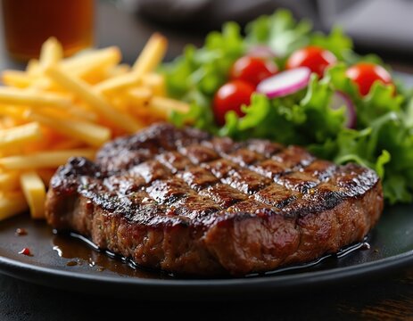 Grilled juicy beef steak served with crispy fries and fresh salad on black plate. Delicious and nourishing meal for lunch or dinner. Barbecue style steak with vegetables.