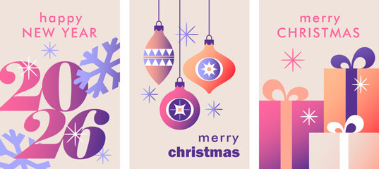 Merry Christmas and Happy New Year 2026 greeting cards, covers, posters. Bright and festive Christmas decorations with ornaments and gifts. Vector illustration.