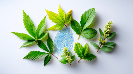 Leaves and a fingerprint. Various types of green leaves arranged on a flat surface with a fingerprint design in the center of the layout.