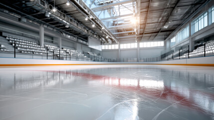 Bright rink ready for game. A hockey rink awaits the next game with empty seats and bright lights shining on the ice.