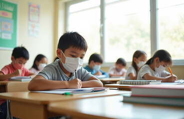 Elementary students return to classroom after pandemic lockdown. Young pupils wear face masks while studying at desks in bright indoor space. Focus on safety, education during post-lockdown learning.