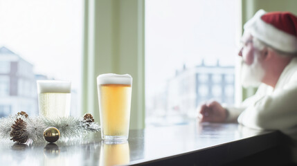 Santa Claus enjoying a refreshing beer in a festive pub, taking a break from holiday preparations and stressing less