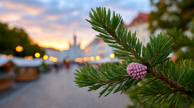 Pine branch, purple cone, sunset. A close view of a pine branch with a purple cone. Soft sunset light brightens the city background. People walk nearby. - Powered by Adobe