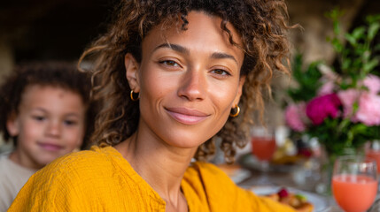 Smiling woman with child close. A curly-haired woman smiles at a gathering with food, while a child enjoys the event in the background.