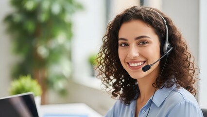 Smiling customer service representative wearing headset providing support professional telemarketing