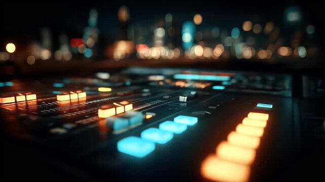 Sound Mixing Console with Glowing Lights - Music Production and Audio Engineering.
