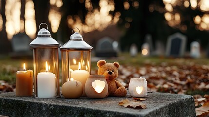 Close-up of a lighted lantern jar on a tombstone shows a candle flickering softly in the rain, surrounded by colorful lanterns in a cemetery
