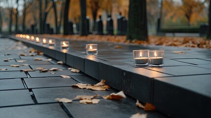 Close-up of a lighted lantern jar on a tombstone shows a candle flickering softly in the rain, surrounded by colorful lanterns in a cemetery