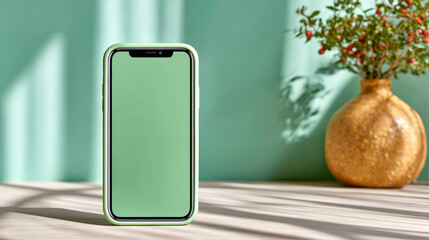 Colorful phone case on table. A phone with a bright case stands on a wooden table. Soft light fills the space and highlights a vase in the background.