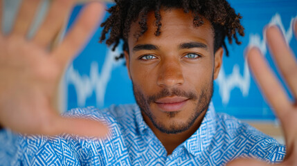 Man displays hands in front of a graph. A man shows his hands toward the camera with a chart in the background. He seems to be in a business or office setting.
