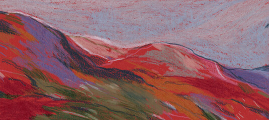 Hand painted landscape. Pastel on paper. Versatile artistic image for creative design projects: posters, banners, websites, cards, prints and wallpapers. Artist-made art.