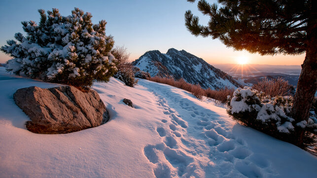 Snowy path leads to mountain sunset view. Footprints are seen on a snowy path as the sun sets behind the mountains in the background.
