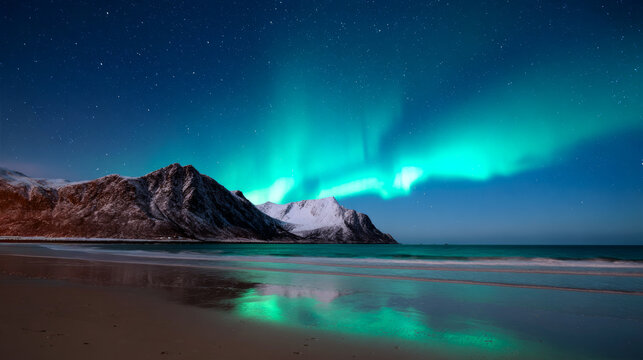 Northern lights over snow. Bright northern lights fill the night sky above the snowy mountains by the beach. Waves gently hit the shore below. - Powered by Adobe