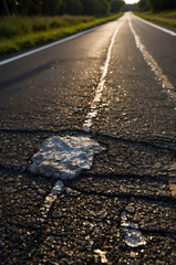 Severely damaged road surface with deep cracks and worn asphalt