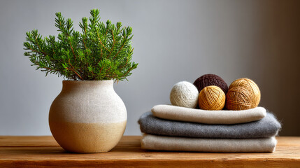 Plant and yarn on a wooden table setup. A plant in a pot sits next to stacked fabrics and balls of yarn on a wooden table in simple indoor lighting.