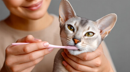 Daytime cat dental care routine. A person brushes a cat's teeth in a simple indoor setting. The activity shows how to maintain pet dental health.