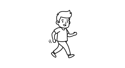 Fototapeta premium Illustrated cartoon character of a boy walking with a cheerful expression in black and white