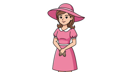 Illustration of a woman wearing a pink dress and wide-brimmed hat in cartoon style