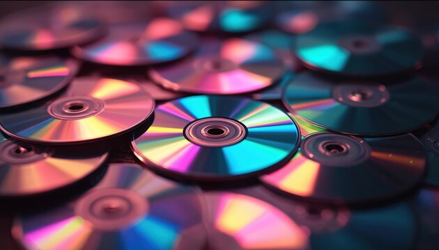 Many CDs, DVDs grouped. Optical compact disk reflects colored light spectrum. Obsolete digital tech. Music, video background with retro media. Information storage medium. Old data archive with audio
