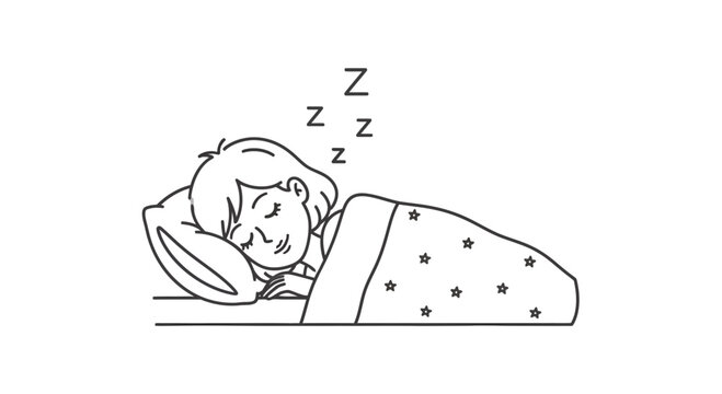 Line art drawing featuring a serene individual slumbering peacefully under star patterned blanket