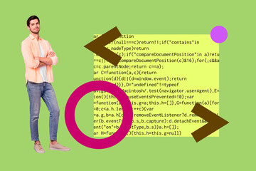 Collage of business man woman in front of abstract charts programming code symbolizing creative digital professions