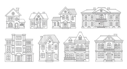 Outlined homes showcase a variety of architectural designs and styles in a single array