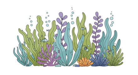 Playful watercolor seascape illustration featuring colorful aquatic plants and small fish swimming