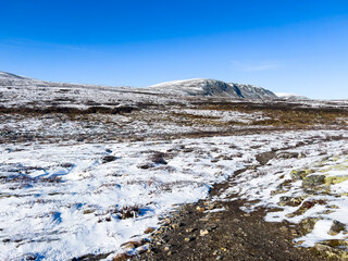 Autumn landscape in Dovrefjell National Park, Norway, surrounded by snow and vegetation