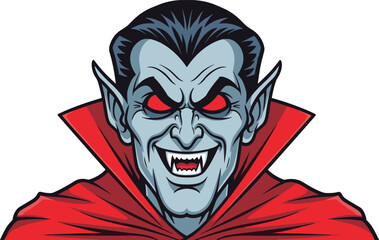 Cartoon vampire character with red eyes, sharp fangs, sinister grin, black hair, red cape, Halloween icon, flat vector illustration