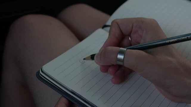 Close-up of a hand writing a 2026 personal goals list with a pencil in a lined notebook, focusing on detail and handwriting.