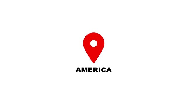 America map location pin animation. America text up down location pin pointer icon white background, Alpha channel GPS location tracking animation. 4K video.