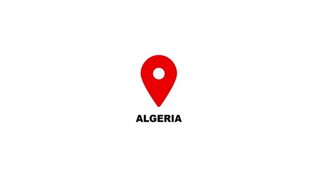 Algeria map location pin animation. Algeria text up down location pin pointer icon white background, Alpha channel GPS location tracking animation. 4K video.