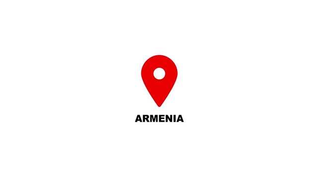 Armenia map location pin animation. Armenia text up down location pin pointer icon white background, Alpha channel GPS location tracking animation. 4K video.