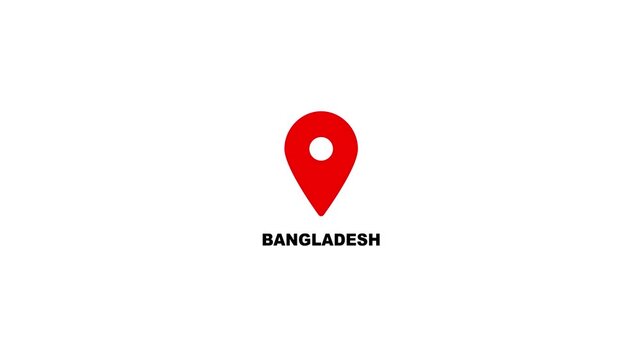Bangladesh map location pin animation. Bangladesh text up down location pin pointer icon white background, Alpha channel GPS location tracking animation. 4K video.