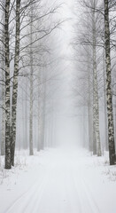 Fototapeta premium Path covered with white snow between trees on a foggy day, creating a serene and mysterious scene, representing isolation and tranquility