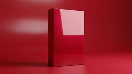 Glossy Red Rectangular Prism Object on a Red Gradient Background with Subtle Reflections