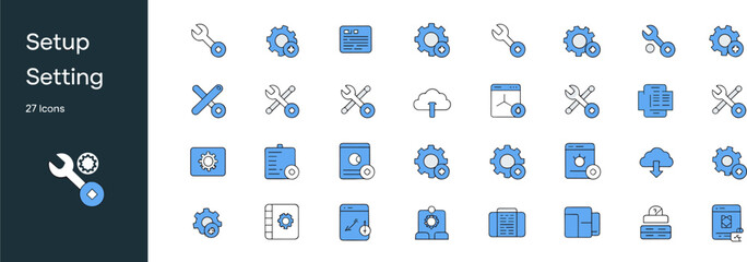 Setup and Setting Icon Collection, Featuring 27 Different Minimal Flat Vector Graphics for Installation, Configuration, Optimization, Technical Maintenance, and Web Service Tools.