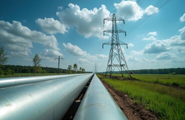 Long metal pipelines transport gas oil across green fields. Huge power line tower stands tall under blue sky with white clouds. Electricity cables connect towers, moving vital energy through rural